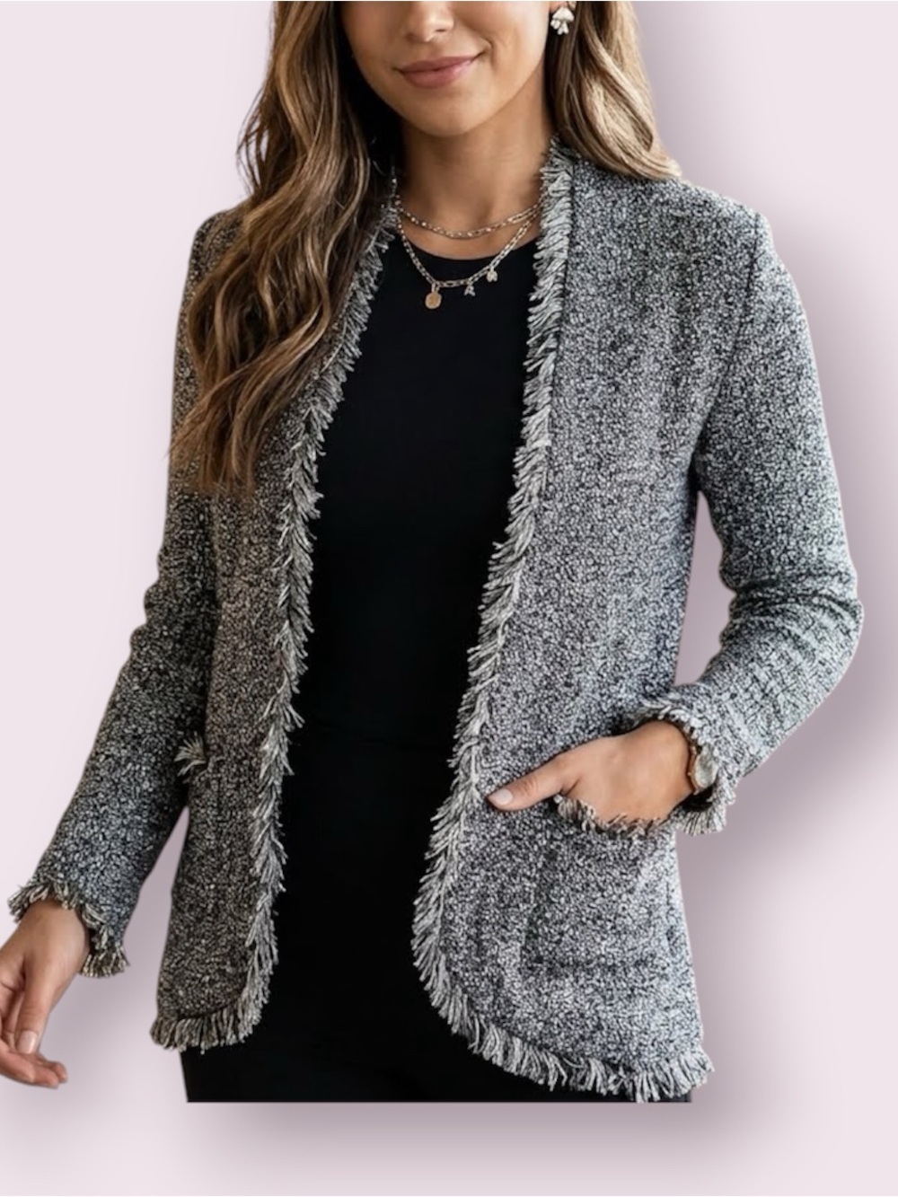 Zara Knit Metallic Sweater Blazer Fringe Trim Gold Black Silver Size Medium